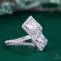 Elegante Anillo de Dos Piedras con Corte Princesa y Halo, Anillo de Compromiso de Lujo en Oro de 9K, 10K, 14K y 18K, Certificado IGI D