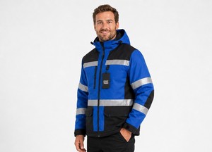 Men's Blue Black Hi Visibility Work <b>Jacket</b> With Reflective Stripes And Hood Polyester Material For Safety <b>Jacket</b> - Product Image 2
