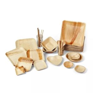 Ensemble de vaisselle carrée jetable écologique de qualité supérieure, assiettes en feuilles de palmier biodégradables, modernes, naturelles, durables, pour les fêtes - Product Image 1