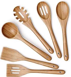Ensemble de cuillères de cuisine en bois naturel avec spatule, louche et cuillère à mélanger pour collection d'ustensiles de cuisine - Product Image 1