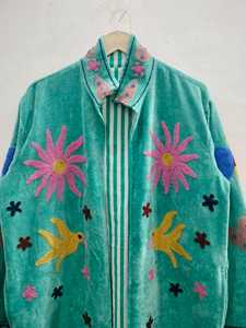 Manteau long en velours imprimé floral cœur d'amour, style Kantha indien, pour femme, avec cordon de serrage, 100 % coton - Product Image 6