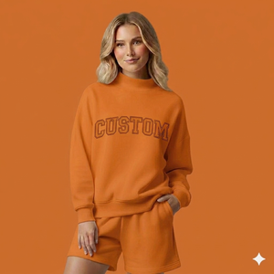 Soft Knitted Customized Logo Printing 100% Cotton Material Street And Casual Wear Women Mockneck And Shorts <b>Set</b> - Product Image 5