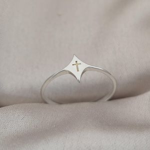 925 Sterling Silver Cross Signet <b>Ring</b> Tiny Cross Engraved <b>Ring</b> Minimalist Religious <b>Ring</b> Christian Gift <b>For</b> Women <b>Men</b> - Product Image 3
