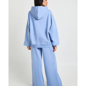 Women Blue Matching Sweatsuit Set | Oversized Hoodie Wide Leg <b>Pants</b> Wholesale Custom Women Activewear Set Sky Blue Hoodie Sweat - Product Image 2