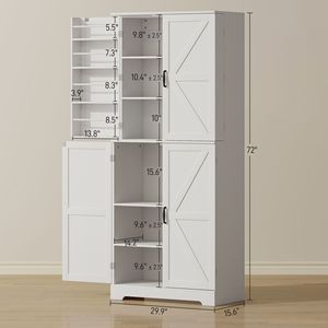 72\" Tall White Farmhouse <b>Kitchen</b> Pantry Cabinet 4 Barn Doors & 8 Door <b>Shelves</b> 4 Adjustable Wood & Aluminum <b>Shelves</b> - Product Image 3
