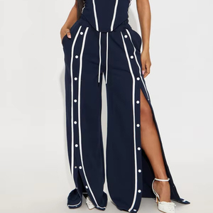 Conjunto de pantalones unisex de marca privada con ribetes en contraste azul marino, de pierna ancha, a la moda, coordinados, del fabricante de pantalones para hombre. - Product Image 1