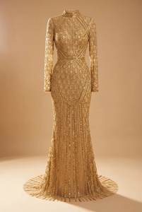 Vestido de Noche de Lujo Estilo Dubái con Lentejuelas Bronceadas, Cuello Alto, Manga Larga, Diseño de Rejilla de Diamantes, Vestido Formal Elegante de Sirena para Gala - Product Image 2