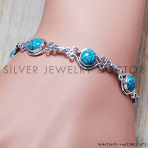 925 Sterling <b>Solid</b> <b>Silver</b> Round Cut Turquoise Gemstone <b>Bracelet</b> Handmade Design Fine Jewelry Wholesale <b>Silver</b> <b>Bracelet</b> For Women - Product Image 1