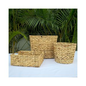 Notre ensemble de 3 pièces en jacinthe d'eau comprend 2 plateaux et 1 panier, tous écologiques et parfaits pour la décoration intérieure ou le stockage d'aliments secs. - Product Image 3