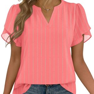 Blusa de Gasa para Mujer, Elegante, Color Borgoña, con Textura de Puntos, Cuello con Volantes, Manga Corta con Volantes, Transpirable, para Oficina, Uso Diario - Product Image 4