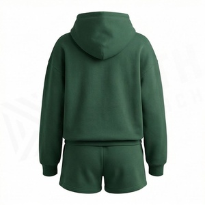 Conjunto de Sudadera con Capucha de 2 Piezas para Mujer, Verde Sólido, Felpa, Corte Holgado Informal, Pantalones Cortos por Encima de la Rodilla con Bolsillo, para Todas las Temporadas - Product Image 2