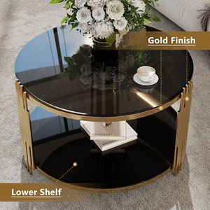 Modern Asymmetrical Metal Coffee <b>Table</b> with Black <b>Mirror</b> Top and Gold Finish Circular Metal Drum Base with Lower Shelf - Product Image 6