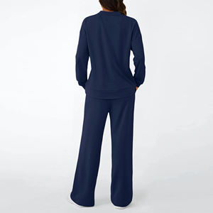 Ensemble de survêtement personnalisé pour femme, bleu marine, col rond, haut à manches longues, pantalon large, ensemble deux pièces, vêtements de détente, vente en gros OEM - Product Image 2