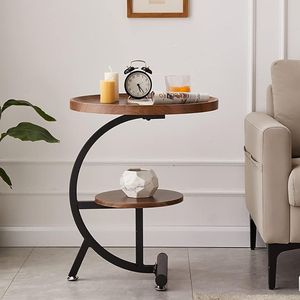 Table d'appoint ronde à 2 niveaux en bois d'acacia massif naturel avec cadre en métal courbé noir pour salon, chambre à coucher, hôtel - Product Image 4