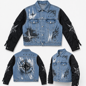 <b>Custom</b> Graphic <b>Denim</b> <b>Jacket</b> With Utility Sleeves Vintage Street Wear Button Up Casual Fashion Outerwear For Unisex - Product Image 1
