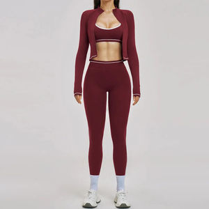 Ensemble de yoga 2 pièces pour femme : Crop top et leggings taille mi-haute, couleur unie, rayé, en spandex, sans couture, taille élastique, longueur intégrale, tenue de sport - Product Image 1