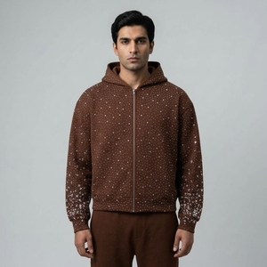 Men <b>Black</b> Rhinestone Hoodie Full Zip Rhinestones Hooded Sweatshirt <b>Jacket</b> <b>Sparkly</b> Custom Wholesale OEM Streetwear - Product Image 5