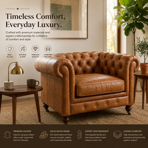 Premium Rolled Arm Single <b>Sofa</b> Chair in Tan Leather with Tufted Back for Office Lounge Seating Chesterfield Leather Single <b>Sofa</b> - Product Image 5