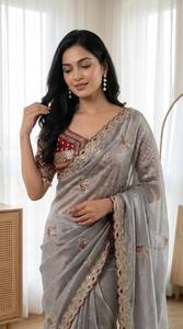 Sari de satén suave Fandy Meena con blusa bordada completamente cosida, ropa étnica para bodas - Product Image 2
