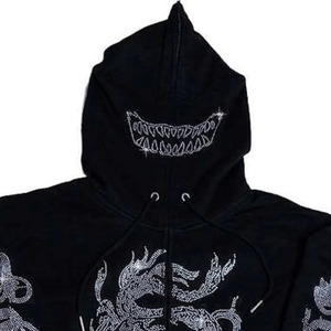 Men's Black Rhinestone Dragon Hoodie Streetwear Zip-Up Sweatshirt Regular Fit <b>Animal</b> <b>Pattern</b> Cotton French Terry Winter Wear - Product Image 2