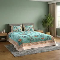 Drap de lit en microfibre douce 7D, 125 GSM, 300 fils, durable, écologique, toutes saisons, avec motif d'arbre bleu ciel