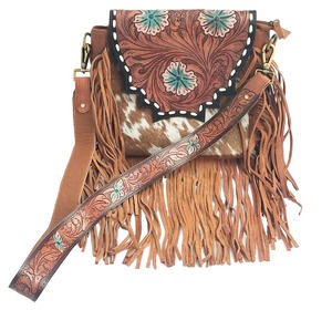 Nouveau sac bandoulière en cuir pleine fleur avec broderie florale, franges et pompons, style bohème, pour femme - Product Image 1