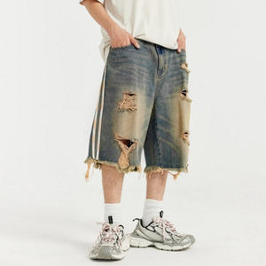 Pantalones Cortos de Mezclilla Holgados Desgastados al por Mayor, Estilo Vintage Lavado, Jorts de Algodón de Ajuste Holgado, Moda Casual Urbana para Hombre - Product Image 3