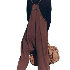 Custom Women's Chocolate Brown Sleeveless V-Neck <b>Jumpsuit</b> Side <b>Pockets</b> Loose Fit Full Length Summer Wear Tracksuit 100% Cotton - Product Image 4