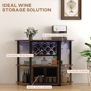 Tavolo da Mini Bar rustico marrone per vino e liquori con stazione di ricarica per illuminazione a LED e supporti in vetro per uso domestico - Product Image 6