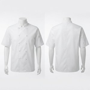 Veste de chef en polycoton tissé de qualité supérieure, 200 GSM, blanche, manches courtes, double boutonnage, unisexe, veste de cuisine professionnelle avec logo personnalisé - Product Image 1