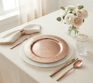 Assiette de présentation martelée plaquée cuivre pour mariage, service de dîner, traiteur, vaisselle, plateau de service alimentaire - Product Image 1