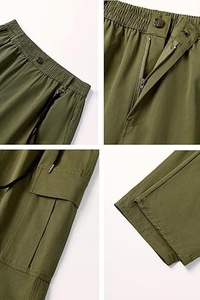 Pantalon cargo vert olive pour homme, taille élastique avec cordon de serrage, plusieurs poches, coupe décontractée ample, en toile mi-lourde, idéal pour l'automne - Product Image 2