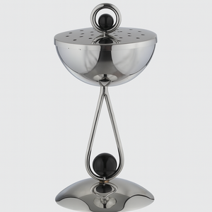 Modern Silver Metal Bakhoor Burner Contemporary Teardrop Pedestal Incense Censer with Black Orb Accents for Oud and Resin - Product Image 1