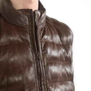 Men's Brown PU Leather Stand Collar <b>Puffer</b> <b>Vest</b> With Zipper Closure Windproof Casual Outerwear 100% Polyester - Product Image 3
