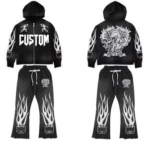 Ensemble de survêtement noir à capuche pour homme, imprimé flamme personnalisé, sweat-shirt à fermeture éclair intégrale et pantalon de jogging, style streetwear, collection automne - Product Image 1