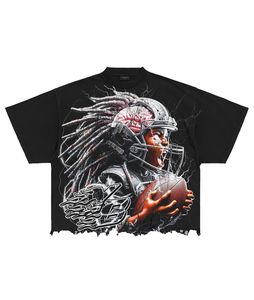 Camiseta de Algodón Oversize con Diseño Personalizado OEM, Estampada, de Manga Corta, Corte Cuadrado, con Bajo Desgastado y Rasgado para Hombre - Product Image 4