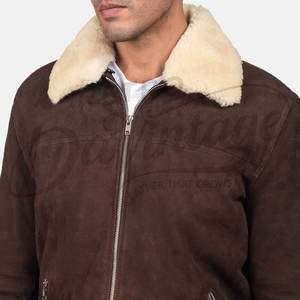Veste en daim marron pour homme de qualité supérieure avec col en fausse fourrure crème, manteau bomber chaud d'hiver, coupe ajustée, vêtement d'extérieur en daim décontracté - Product Image 2