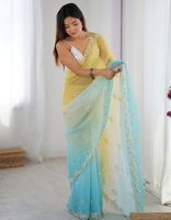 Sari élégant en viscose et mousseline, brodé et orné, réversible, infroissable, séchage rapide, style Bollywood, coupe classique, pour l'automne