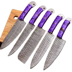 Custom Handmade Top Quality Hand Forged Damascus Steel Chef Kitchen Knife Set Hammered Texture Blade with Leather Sheath.