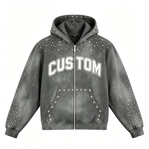 OEM ODM Custom Men’s Graphic Print Rhinestone Zip Up <b>Hoodie</b> Vintage Washed Oversized Fit Boxy Y2K Streetwear <b>Hoodie</b> - Product Image 2