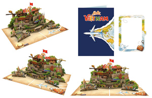 Tarjeta de felicitación emergente 3D de Hello Vietnam con diseño de papel artesanal, bandera y arquitectura tradicional - Product Image 4