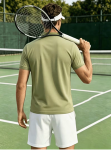 Conjunto Deportivo para Hombre, Camiseta Verde Oliva con Cuello en V, Transpirable y que Absorbe la Humedad, Pantalones Cortos con Cintura Elástica Blanca, Ropa Casual de Verano - Product Image 4