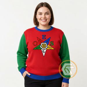 Pull en tricot pour femme Eastern Star brodé, rouge, vert, bleu, col rond, manches longues, pull d'hiver, design color block - Product Image 4