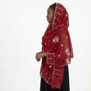 Women's Red <b>Chiffon</b> Shawl Floral Embroidered Lightweight Breathable Ethnic <b>Scarf</b> Daily Wear Hijab Wrap Elegant Style - Product Image 4