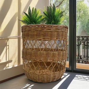 Eco-friendly Round Brown <b>Woven</b> <b>Basket</b> Multi-purpose for Planting Storage and Waste Bin - Product Image 1