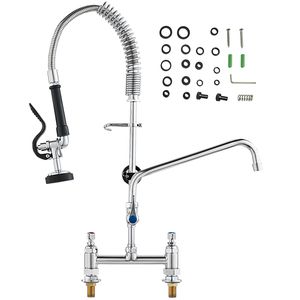 Rubinetto Commerciale da Cucina a Montaggio su Piano, Altezza 26 pollici, Interasse 8 pollici, Beccuccio Orientabile 12 pollici, Spruzzatore Pre-Lavaggio, Costruzione in Ottone Lucido - Product Image 1