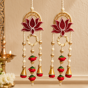 Red Lotus Pearl Hanging Toran Pair Handmade Wedding Festival Door Wall <b>Mandir</b> Decor with Golden Beads Tassel Gift - Product Image 3