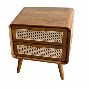 Teak Wood Premium Scandinavian Wholesale Teak Wood Weave Bedside 2 <b>Drawer</b> Natural Finish Bedside Cabinet with Rattan <b>Drawers</b> - Product Image 2