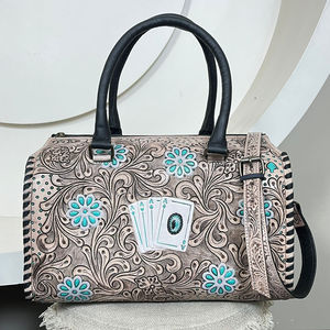 Bolsa de Viaje Grande de Cuero Vacuno Hecha a Mano por el Fabricante, Diseño de Naipes, Bolsa de Viaje de Fin de Semana para Mujer - Product Image 4