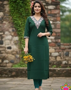 Kurti de algodón slub con bordado Dori de color verde para mujer, largo hasta el tobillo, estilo casual tradicional indio pakistaní, corte regular. - Product Image 1